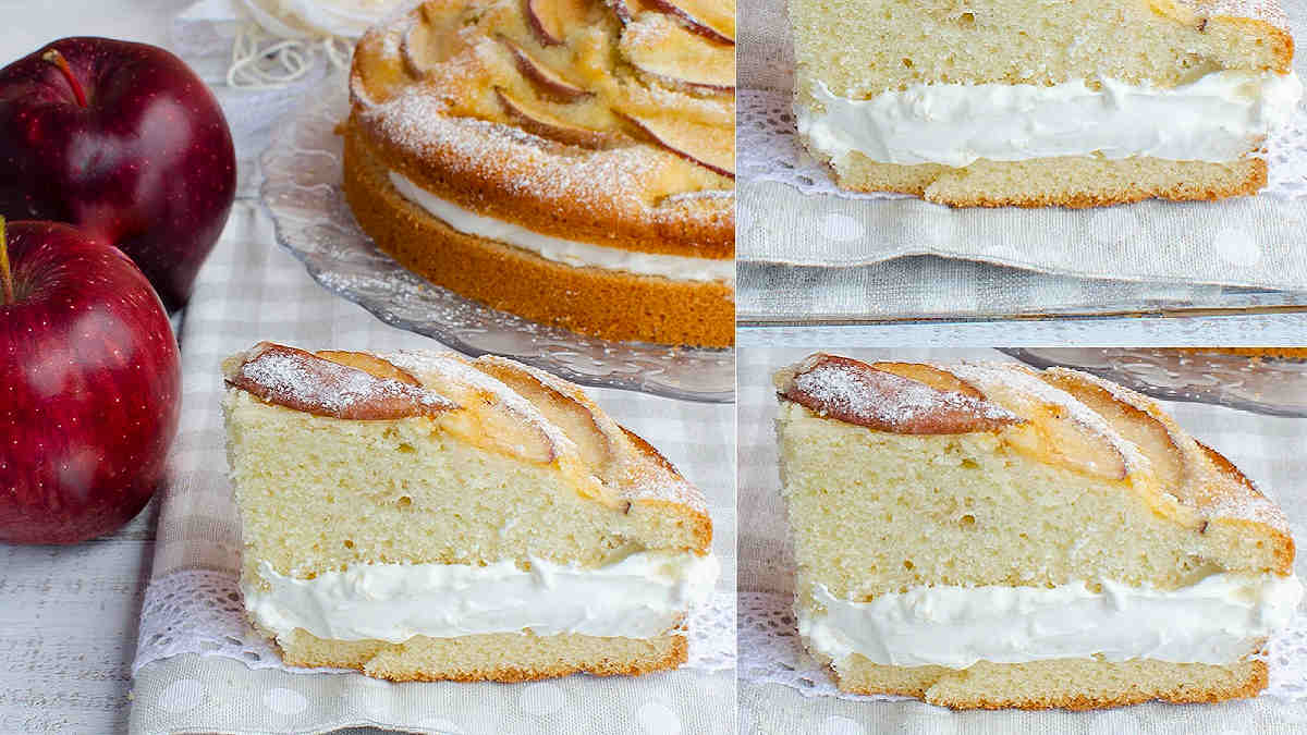 Gateau Paradis Aux Pommes Avec Creme Au Lait Tres Doux A Chaque Bouchee Avec De Nombreuses Pommes En Surface Et Un Cœur Cremeux De Creme De Lait Sans Cuisson Allo Astuces